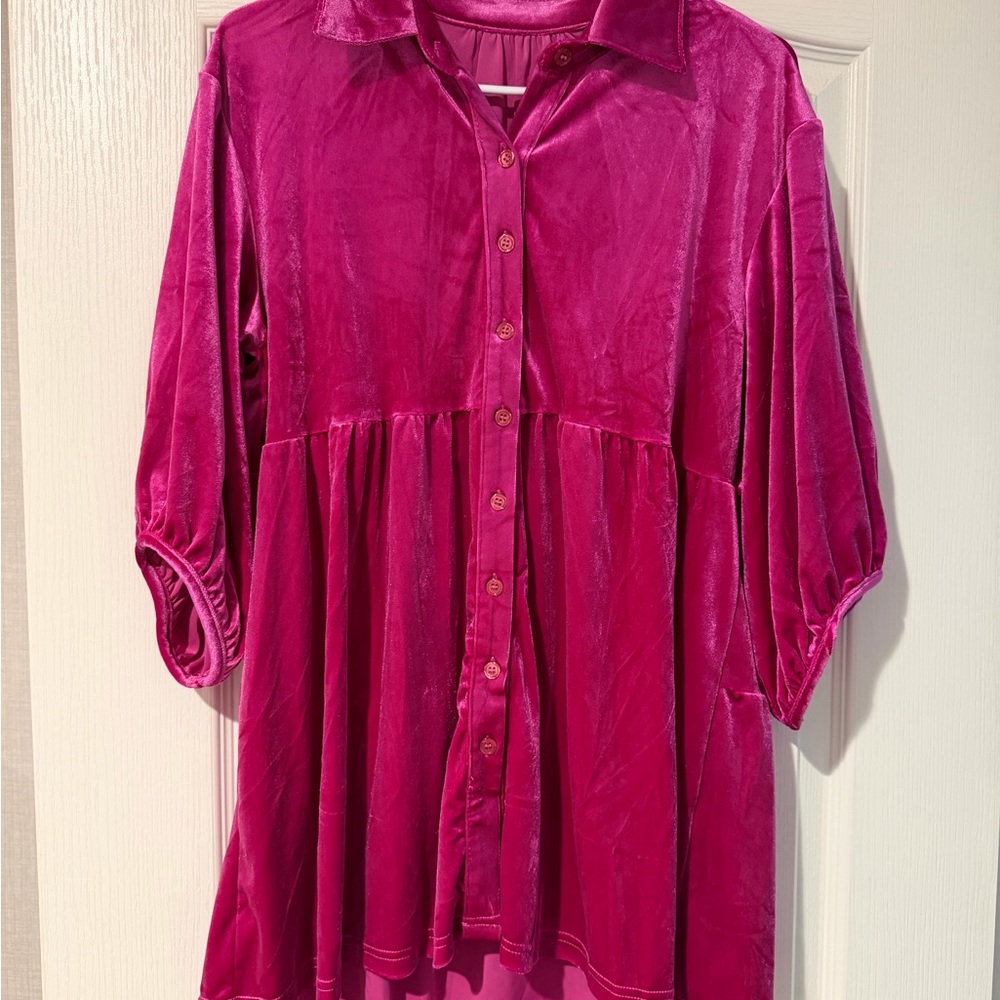 Vibrant Pink Velvet Button-Up Blouse